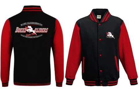 College jacket met groot Bokkerijders logo op de rug en klein borstlogo