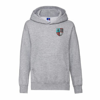 Kinderhoody grijs met RC Maastricht logo op de borst en tekstlogo op de rug 