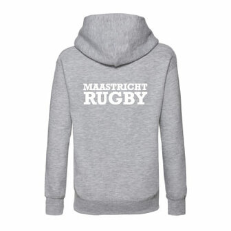 Kinderhoody grijs met RC Maastricht logo op de borst en tekstlogo op de rug 