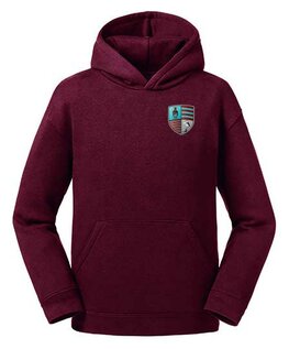 Kinderhoody bordeaux met RC Maastricht logo op de borst en tekstlogo op de rug