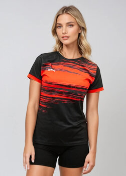 Xavi Performance Shirt – Dames Zwart-Rood | Lichtgewicht & Personaliseerbaar Sportshirt